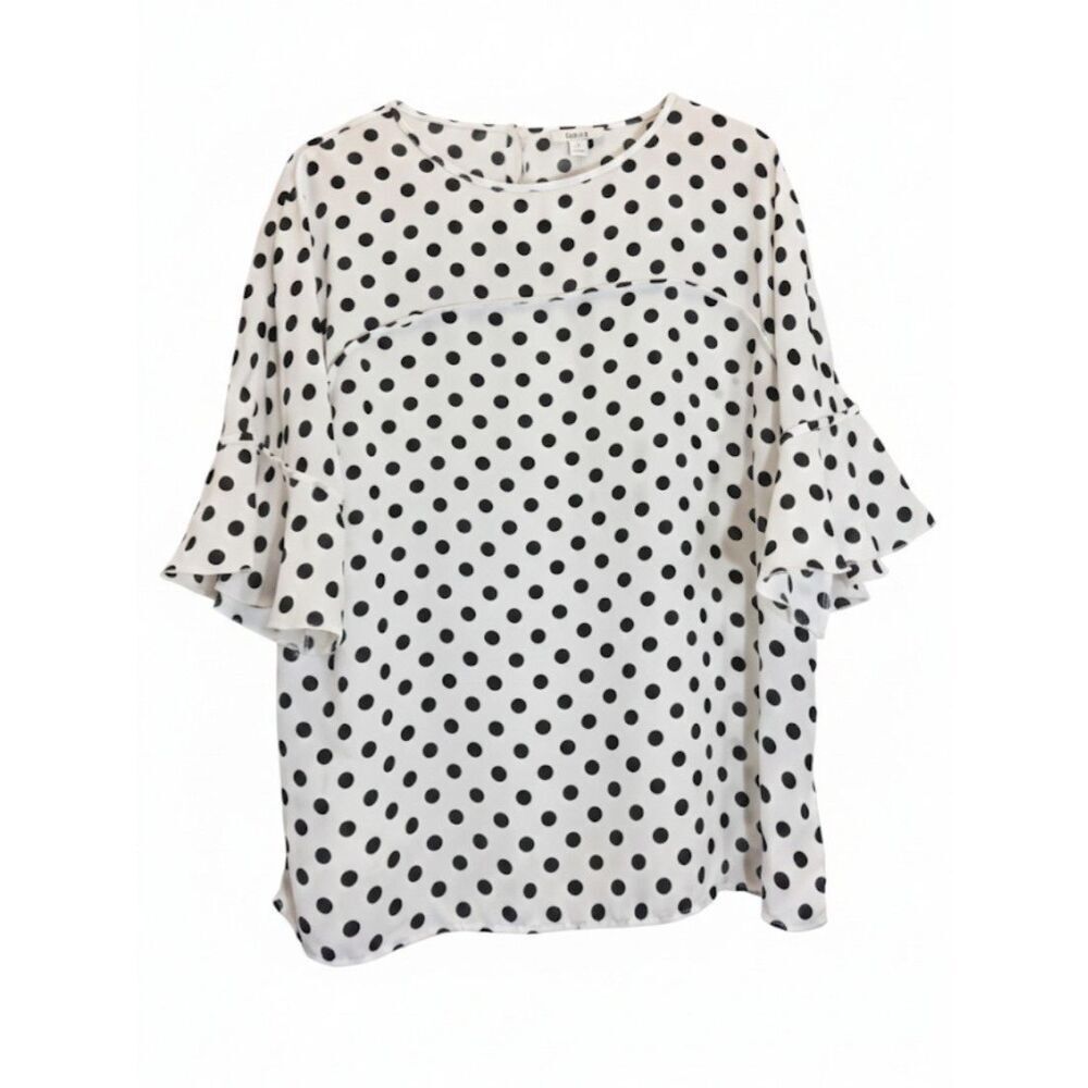 womens 1xl plus size blouse Bar III Polka Dot Ruffle Bell Sleeve White blue